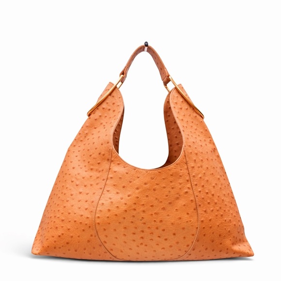 Furla Handbags - Furla Ostrich Embossed Leather Large Hobo Shoulder Bag Tan Italy